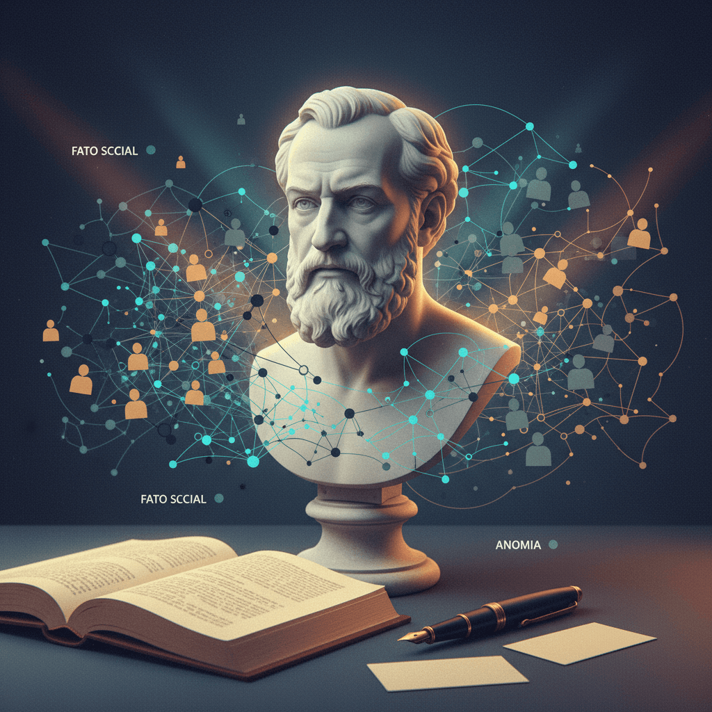 Ilustração editorial de um busto de Durkheim com redes sociais organizadas à esquerda e redes fragmentadas representando anomia à direita, ao lado de livro e caneta para estudo.
