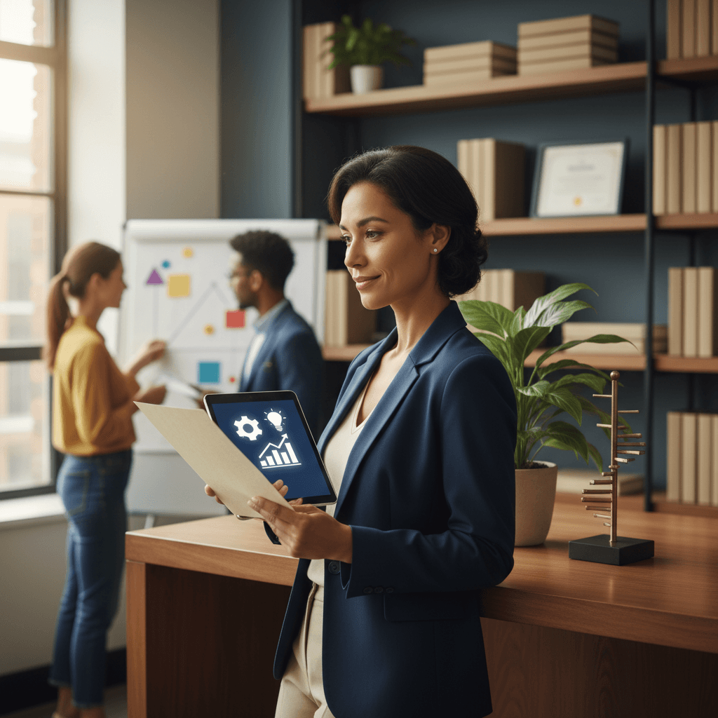 Profissional analisando certificado e tablet com ícones de habilidades em um coworking, com colegas trabalhando em um quadro ao fundo.