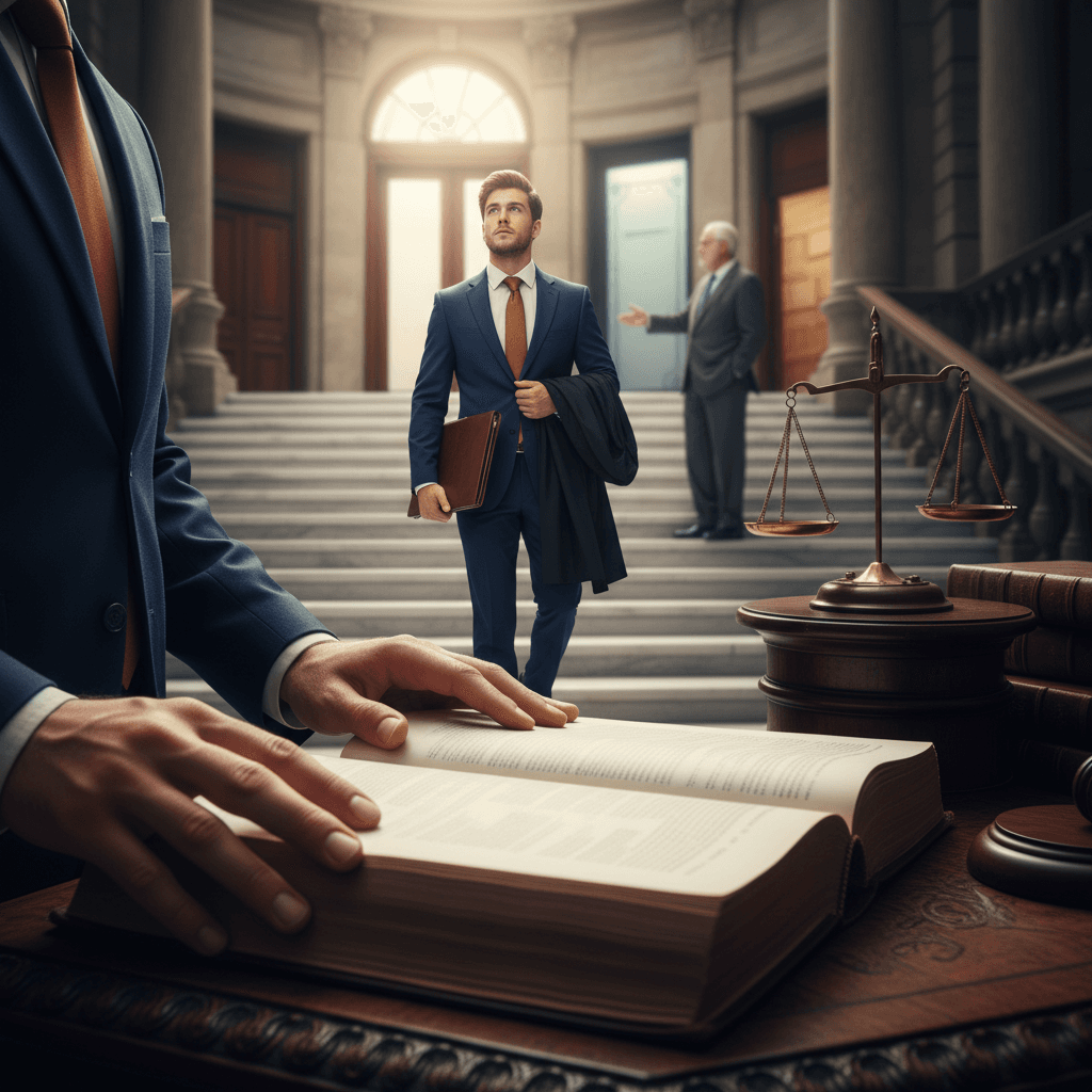 Advogado jovem subindo escadaria do tribunal, com mãos folheando livro jurídico e balança ao lado; mentor ao fundo, simbolizando escolhas nos primeiros anos da carreira.