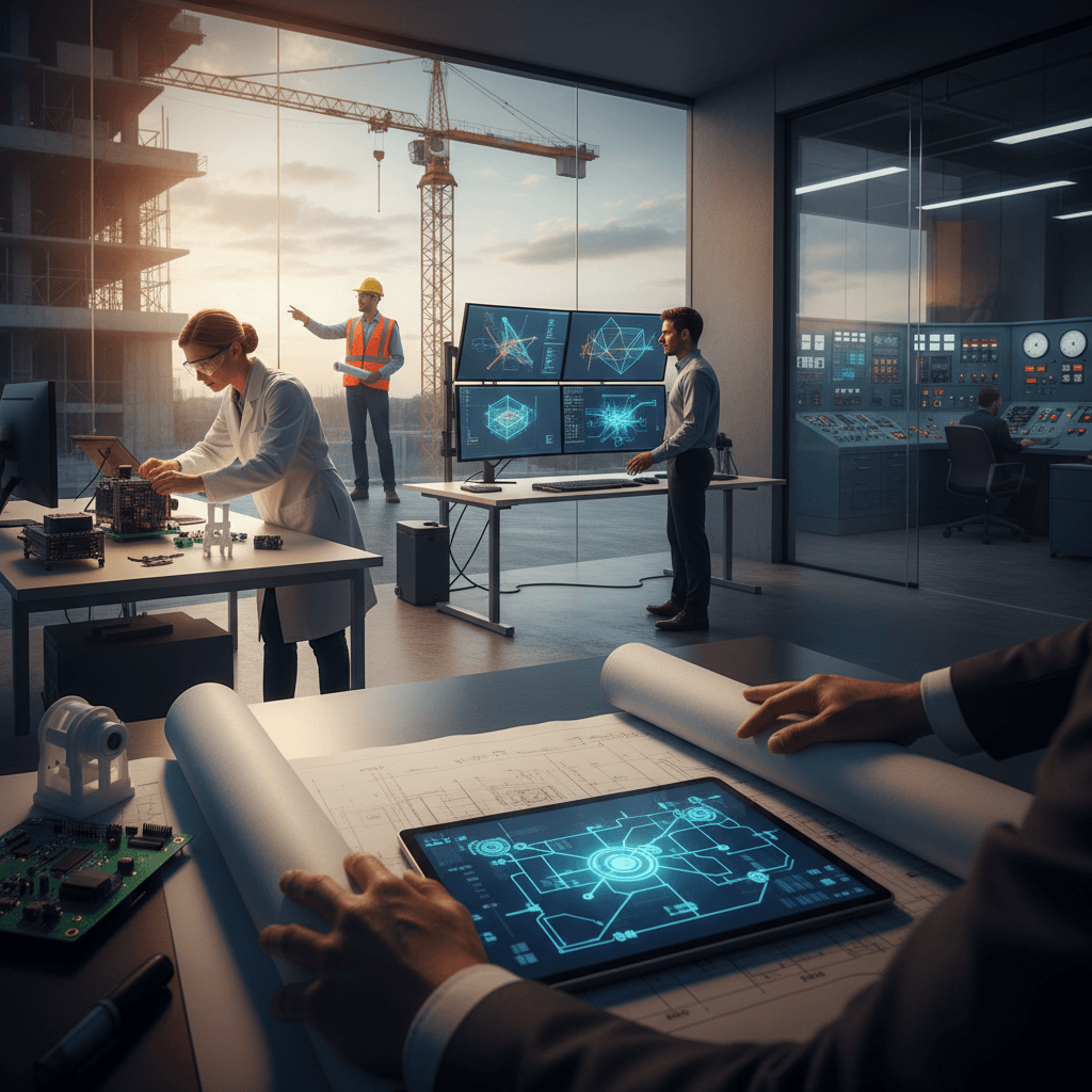Cena editorial mostrando engenheiros em diferentes ambientes (laboratório, escritório com CAD e canteiro), trabalhando em protótipos, plantas e painéis de controle.