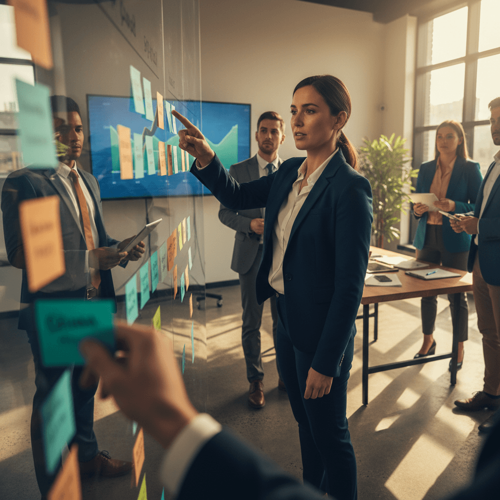 Gestor diante de um quadro kanban com equipe, enfatizando planejamento, prioridades e quick wins nos primeiros 90 dias.