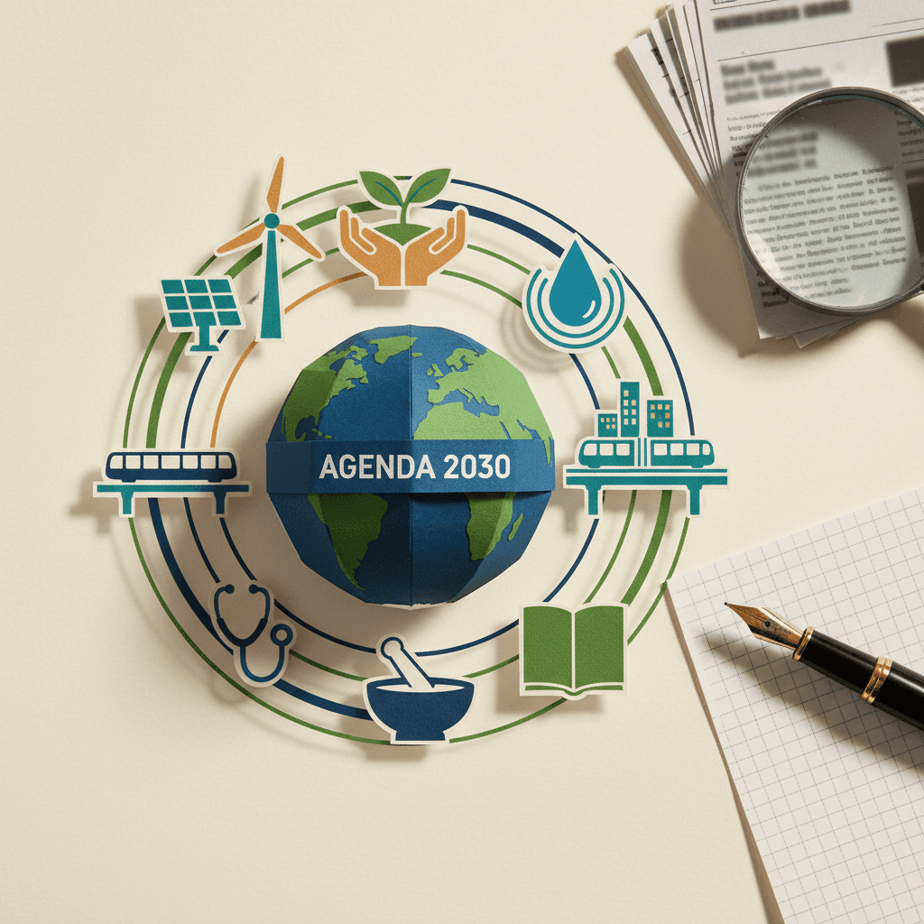 Ilustração editorial com colagem de símbolos dos ODS (globo, turbina eólica, muda de árvore, gota d'água, skyline, lupa sobre jornais, caneta sobre papel) para um post sobre Agenda 2030 como repertório para redação.
