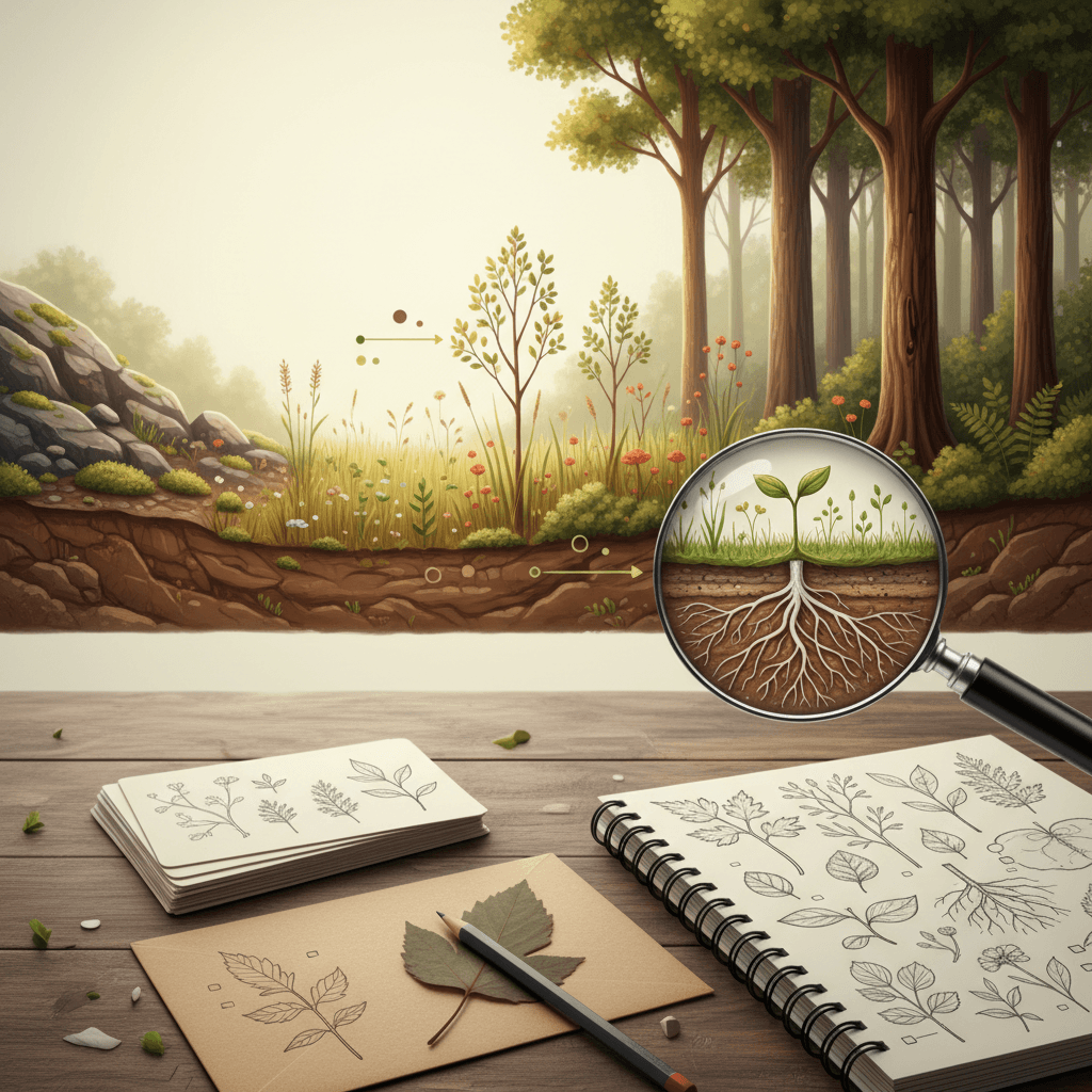 Ilustração editorial em camadas mostrando sucessão ecológica do solo rochoso à floresta madura, com lupa mostrando raízes e materiais de estudo em primeiro plano.
