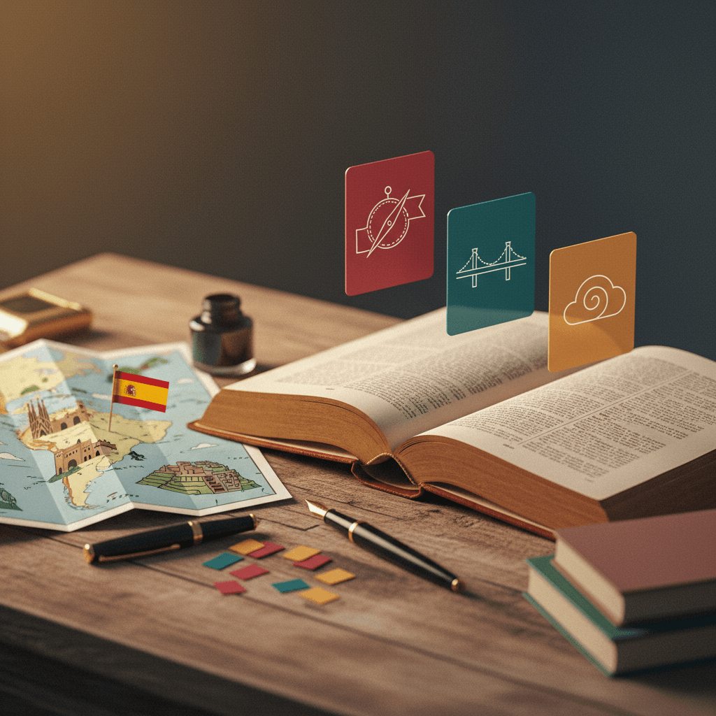 Ilustração editorial de livro de gramática espanhol aberto com mapa, bandeira e cartões simbólicos do subjuntivo (intenção, hipótese, dúvida).