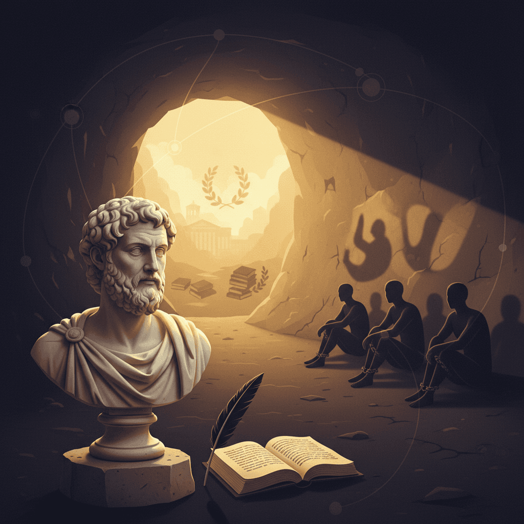 Ilustração editorial do Mito da Caverna: busto de Platão em primeiro plano, silhuetas de prisioneiros na caverna e feixe de luz conduzindo a um mundo iluminado com livros ao fundo.