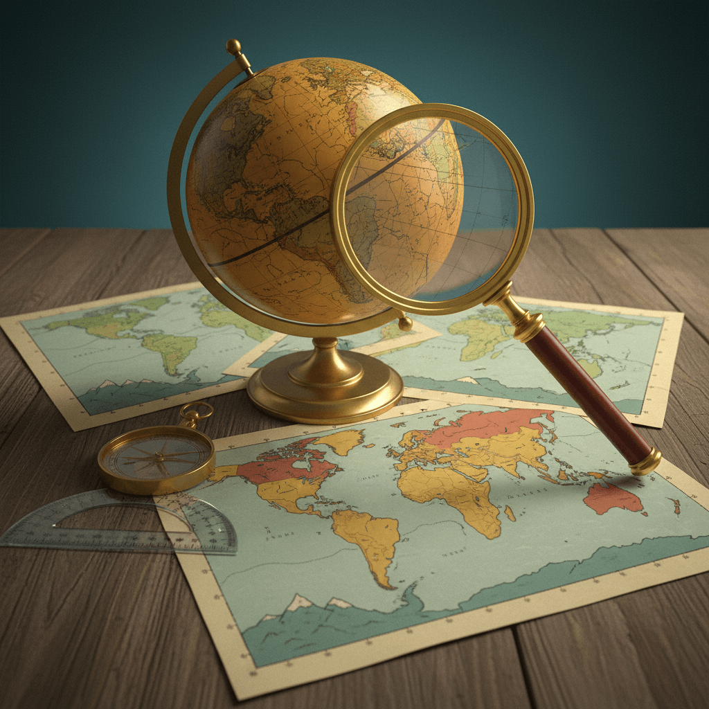 Ilustração editorial de um globo inclinado com camadas de mapas projetivos, lupa e bússola destacando distorções cartográficas.