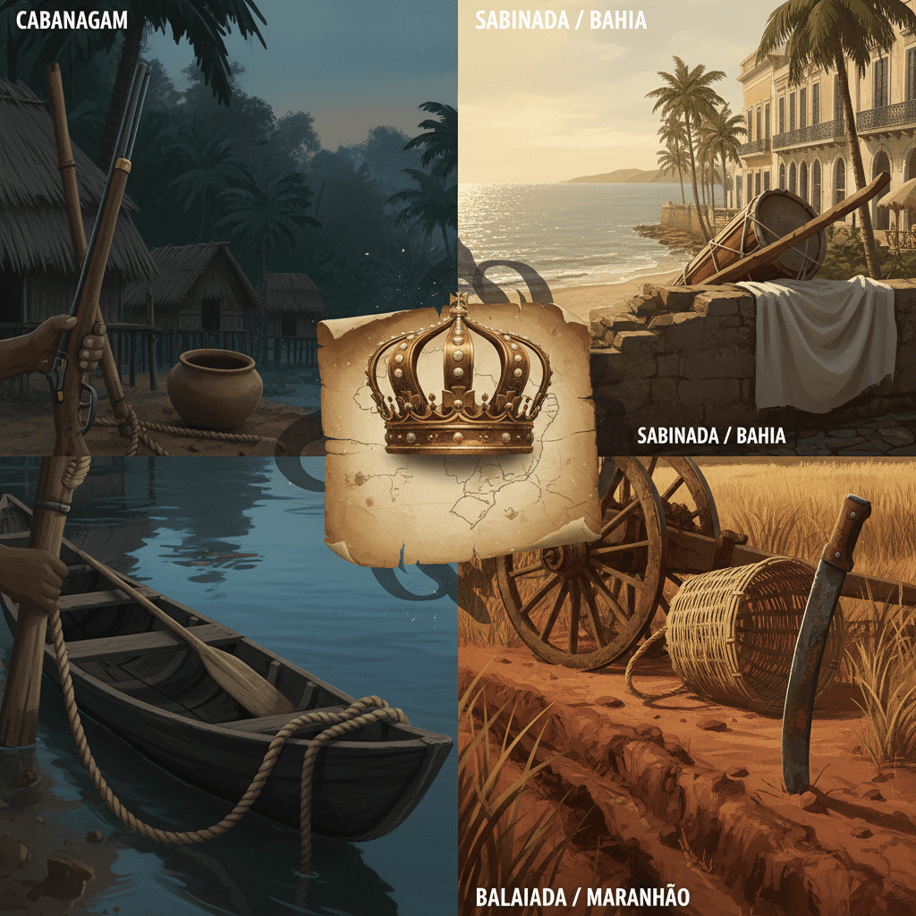 Ilustração editorial tripla representando Cabanagem (canoa e palafitas), fragilidade regencial com coroa imperial rachada sobre mapa, Sabinada (baía e fachadas coloniais) e Balaiada (carro de boi, balaio e machete).