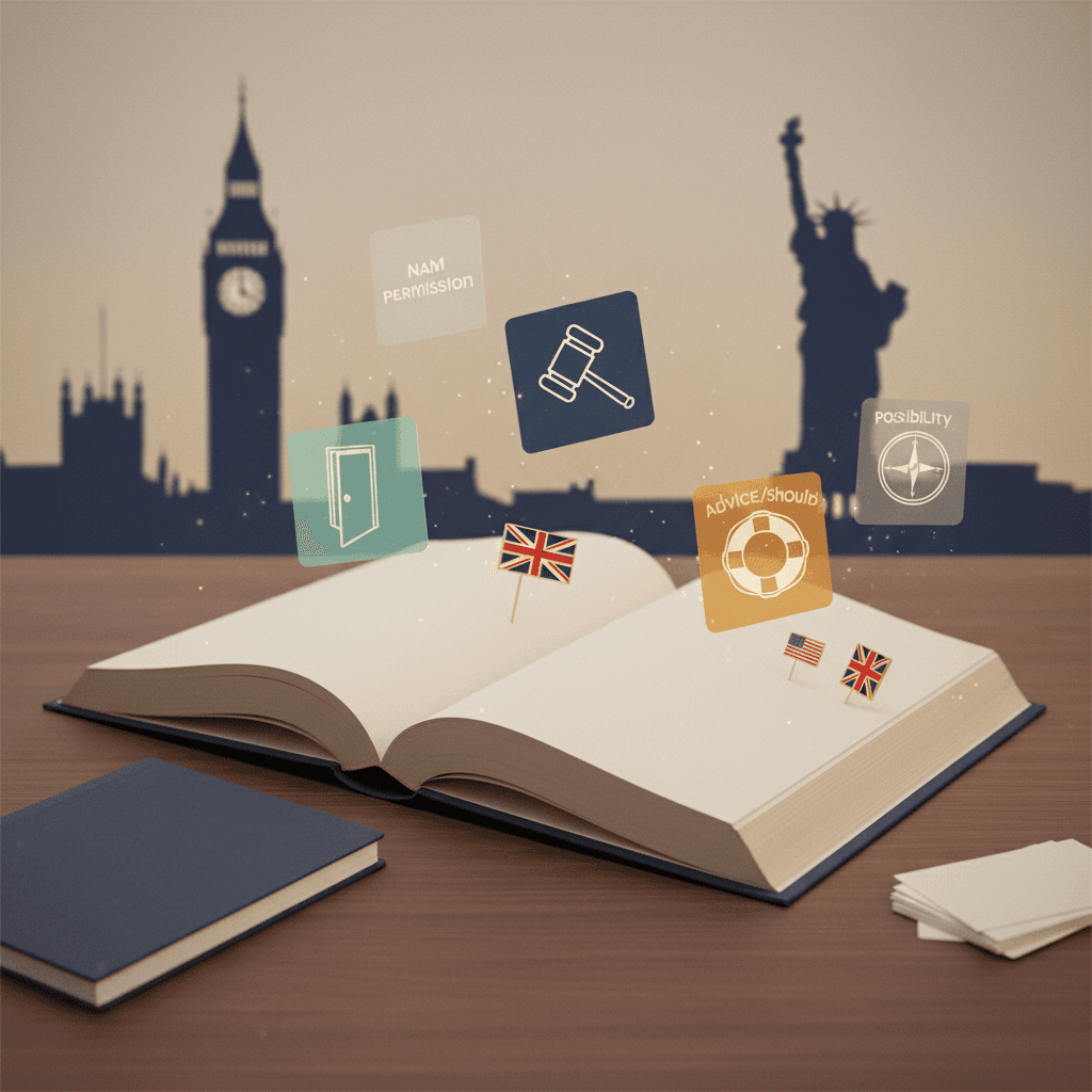 Ilustração editorial de um livro de inglês aberto com ícones (porta, martelo, boia, bússola) representando modal verbs, bandeiras do Reino Unido/EUA e silhuetas de pontos turísticos ao fundo.