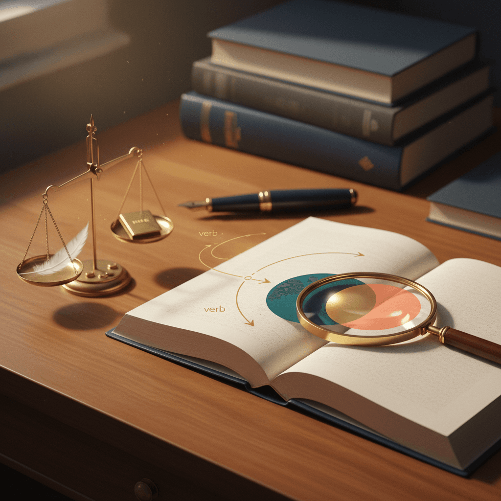 Livro de gramática aberto com lupa, dois discos translúcidos sobrepostos simbolizando a junção a+a (crase) e uma pequena balança indicando decisão.