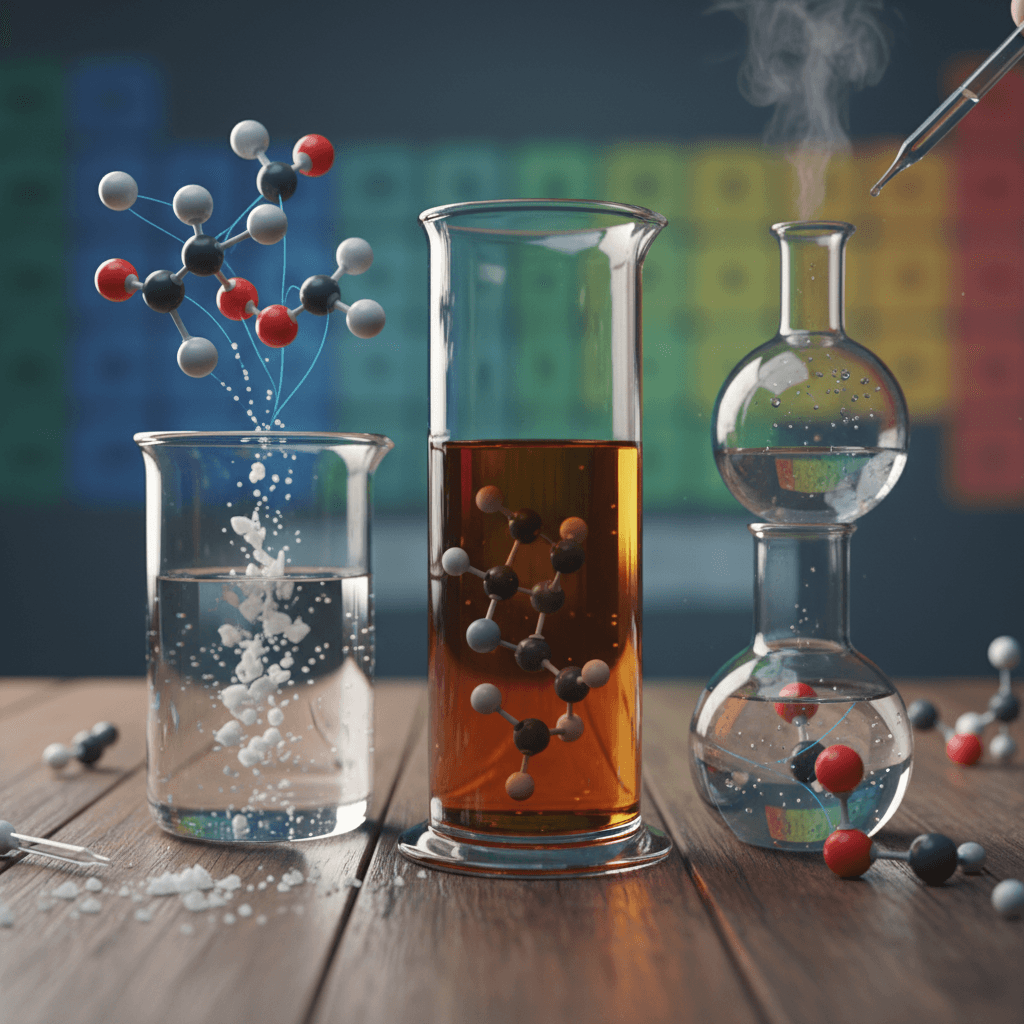 Ilustração editorial de frascos e modelos moleculares mostrando forças intermoleculares (ligações de hidrogênio e apolares) que explicam solubilidade e ponto de ebulição.