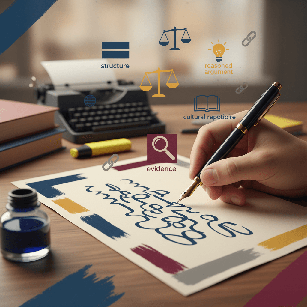 Mão escrevendo um parágrafo em papel com marcas coloridas, ícones simbólicos de argumentação e livros de referência ao fundo.