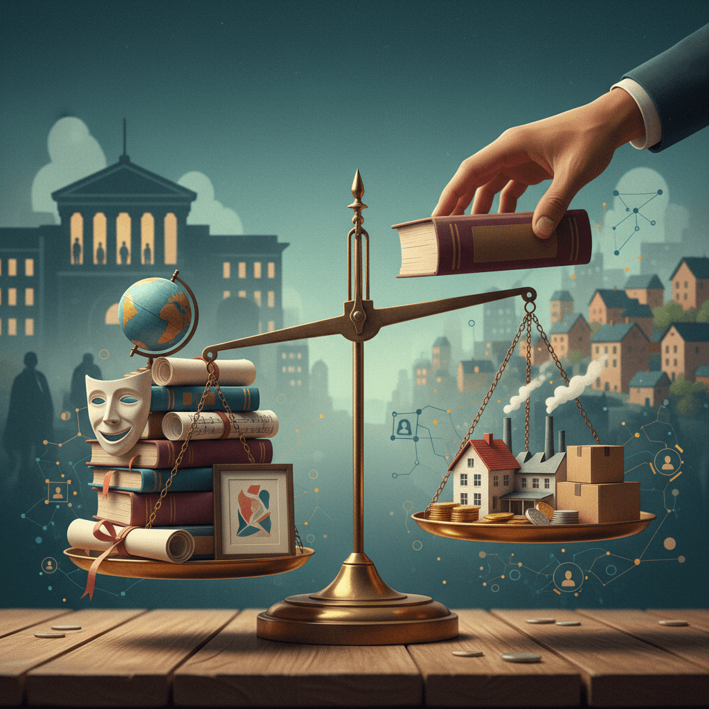 Ilustração editorial de uma balança com objetos que representam capital cultural (livros, máscara teatral, partitura) contrapostos a símbolos econômicos, sugerindo desigualdade educacional e repertório para redação.