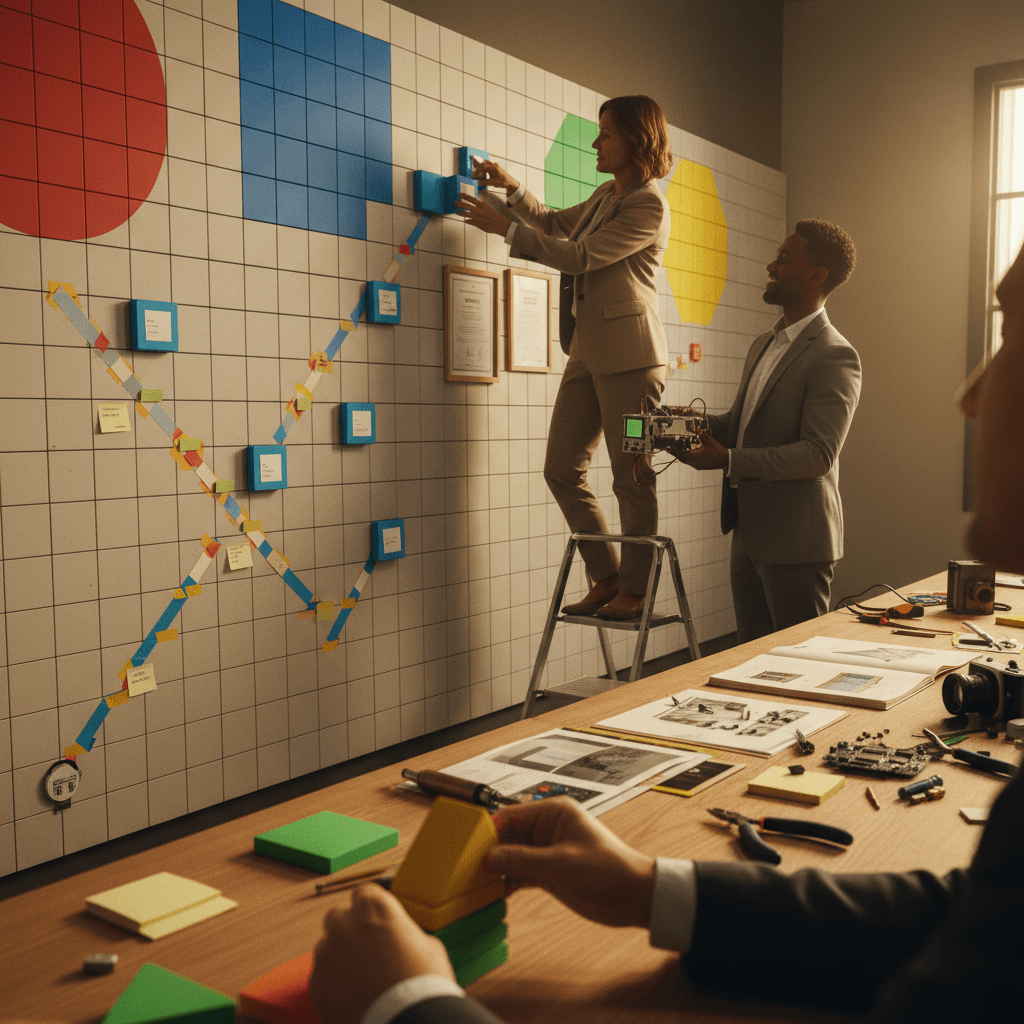 Profissional organizando blocos coloridos em um painel que mostra trilhas práticas de cursos livres, com colegas e protótipos em ambiente de treinamento.