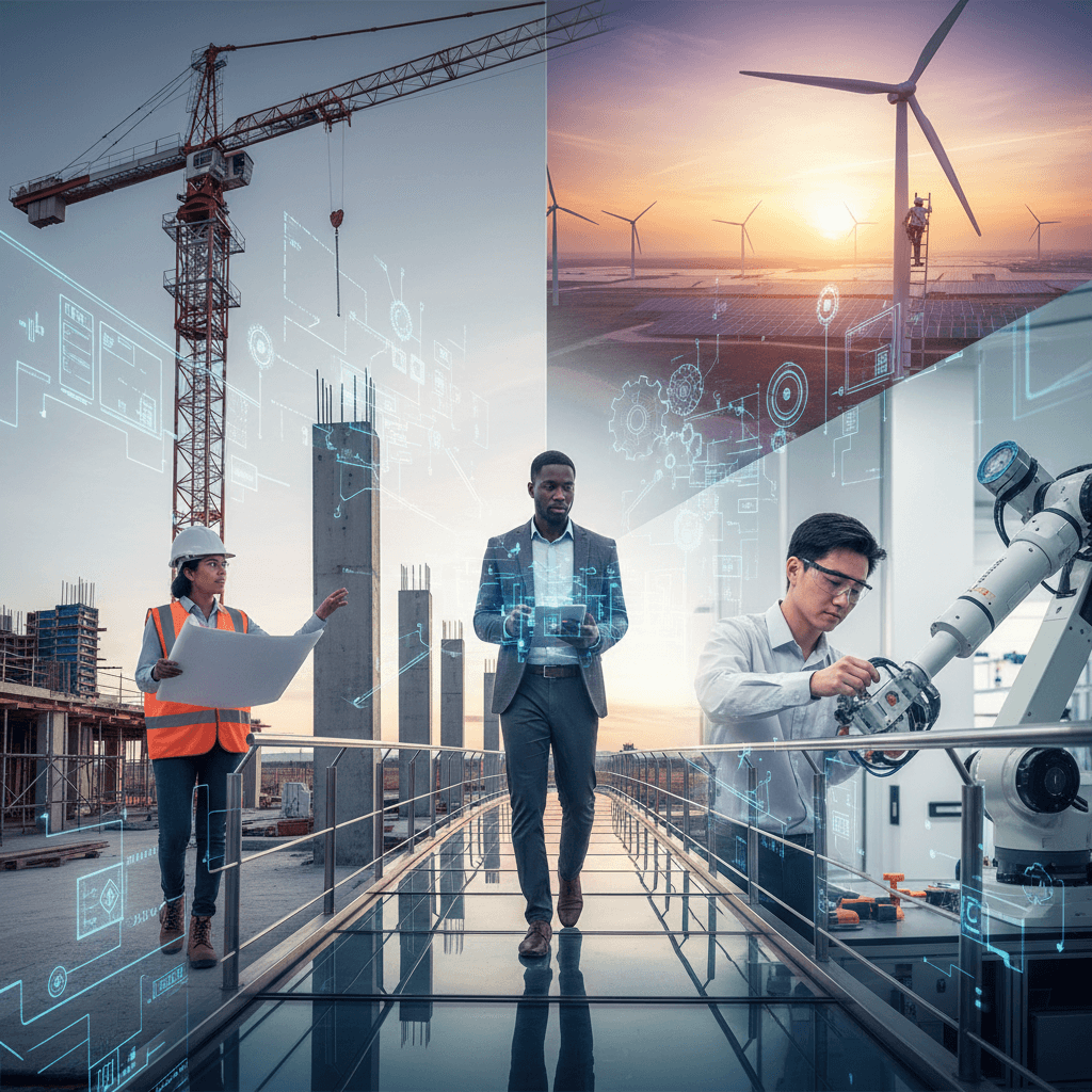Colagem editorial de engenheiros trabalhando em canteiro, laboratório e usina, conectados por plantas técnicas, mostrando trajetórias profissionais versáteis.