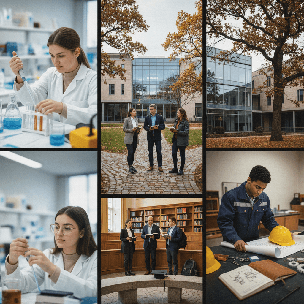 Montagem editorial mostrando estudante no campus entre laboratório, biblioteca e oficina, simbolizando formação acadêmica combinada com experiências práticas.