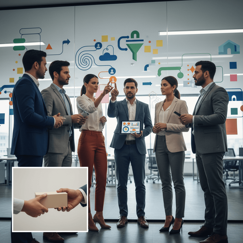 Equipe de marketing em escritório moderno apresentando fluxos, funil e dashboard abstratos que representam vendas B2B.
