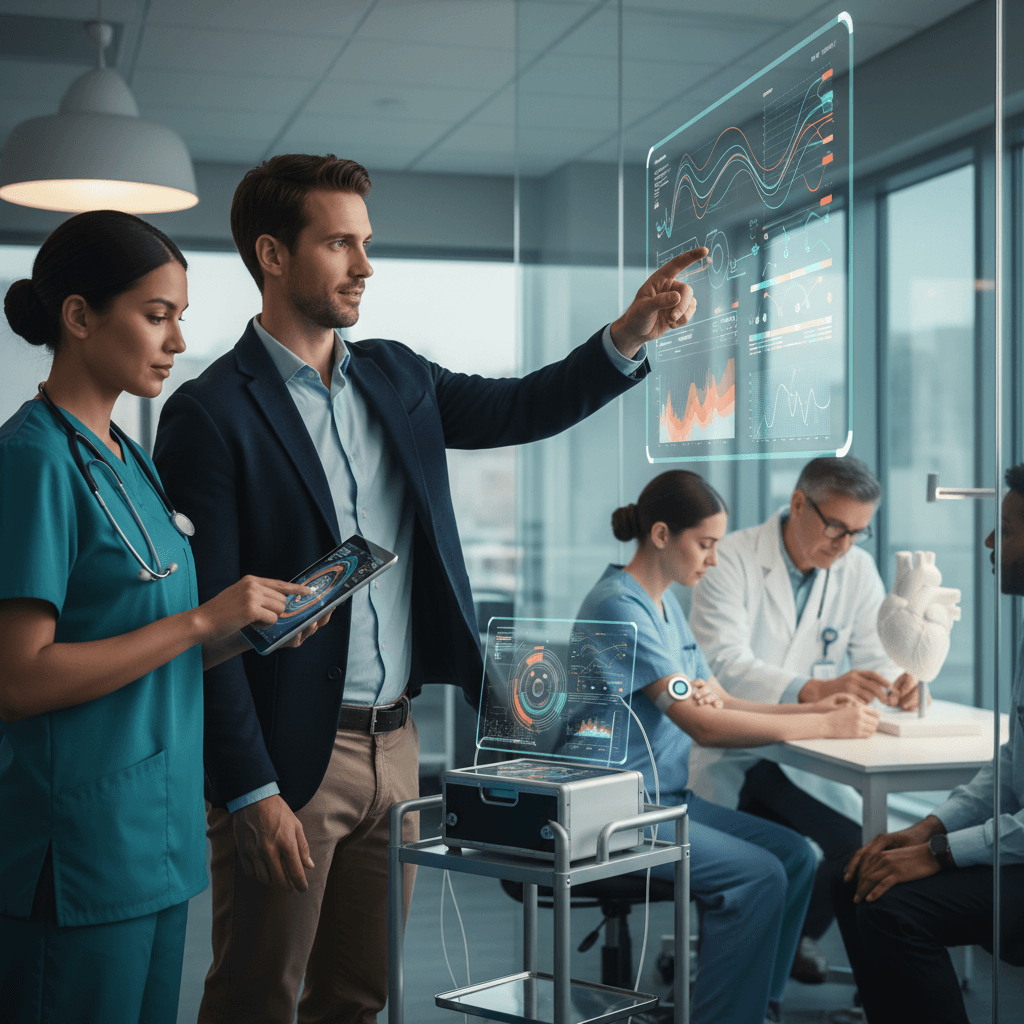 Equipe multidisciplinar de saúde e tecnologia colaborando em clínica high‑tech com dispositivos, telas gráficas e sensor vestível.
