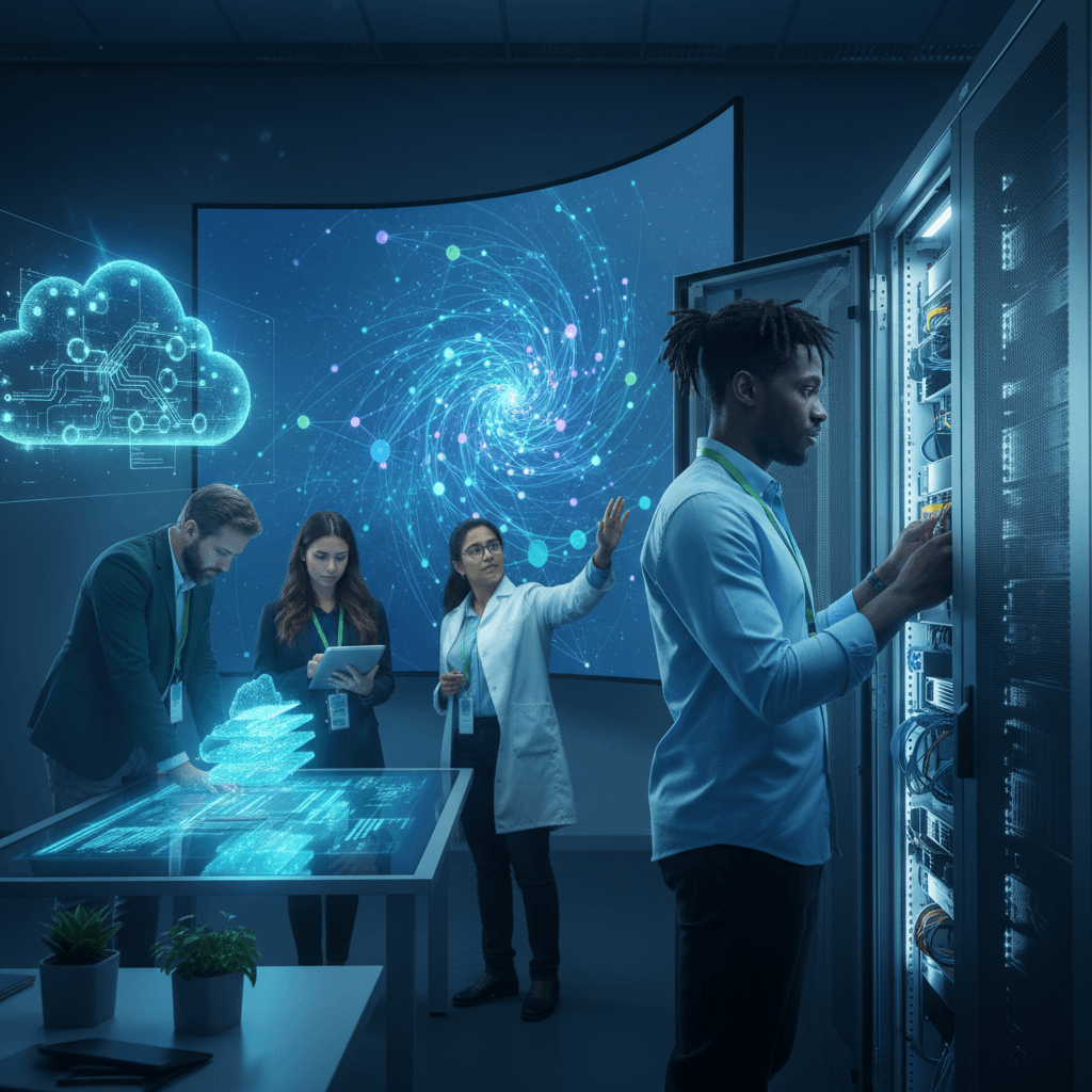 Equipe de tecnologia diversa trabalhando em sala com racks de servidores, visualização 3D de arquitetura em cloud e gráficos de IA, sem texto.