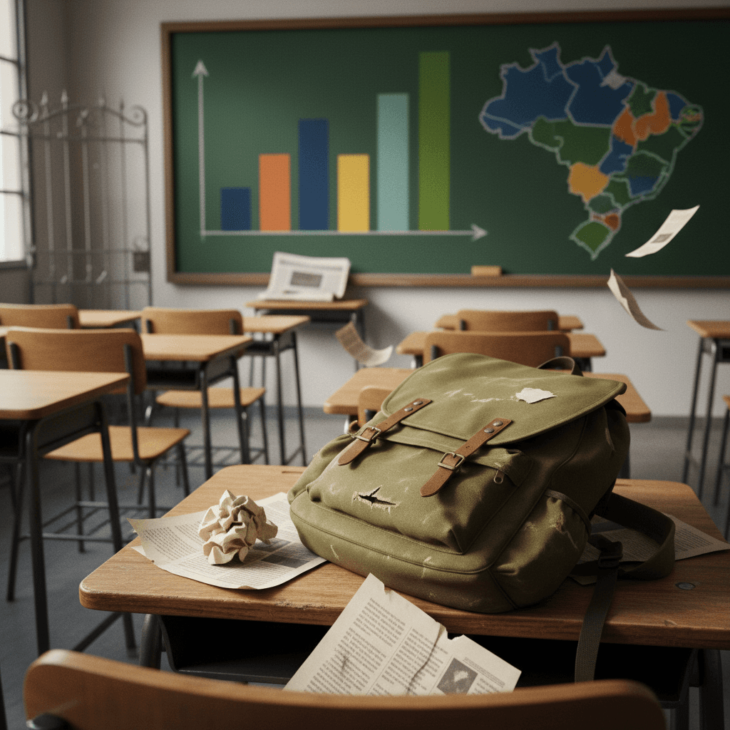Carteira vazia com mochila abandonada, páginas rasgadas e gráfico abstrato representando queda do IDEB e desigualdade educacional.