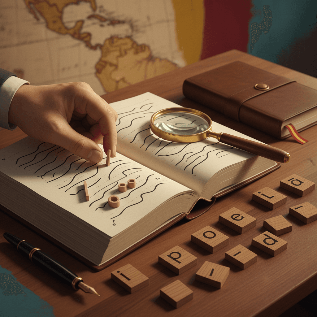 Close-up ilustrativo de um livro de gramática espanhola com marcas de acento como objetos 3D e peças truncadas simbolizando apócope, mapa da Espanha ao fundo.