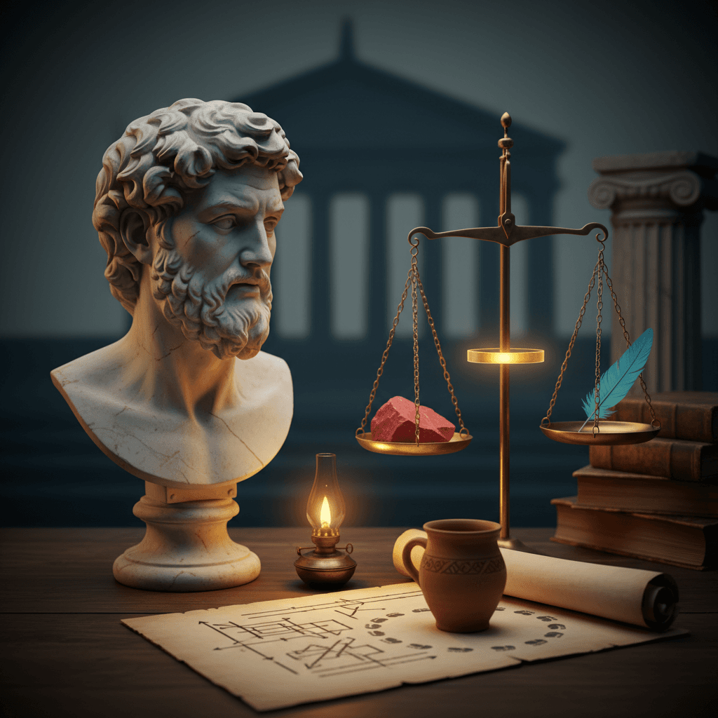 Ilustração editorial com busto de Aristóteles, balança representando a média, trilha de hábitos e uma lâmpada simbolizando prudência prática.