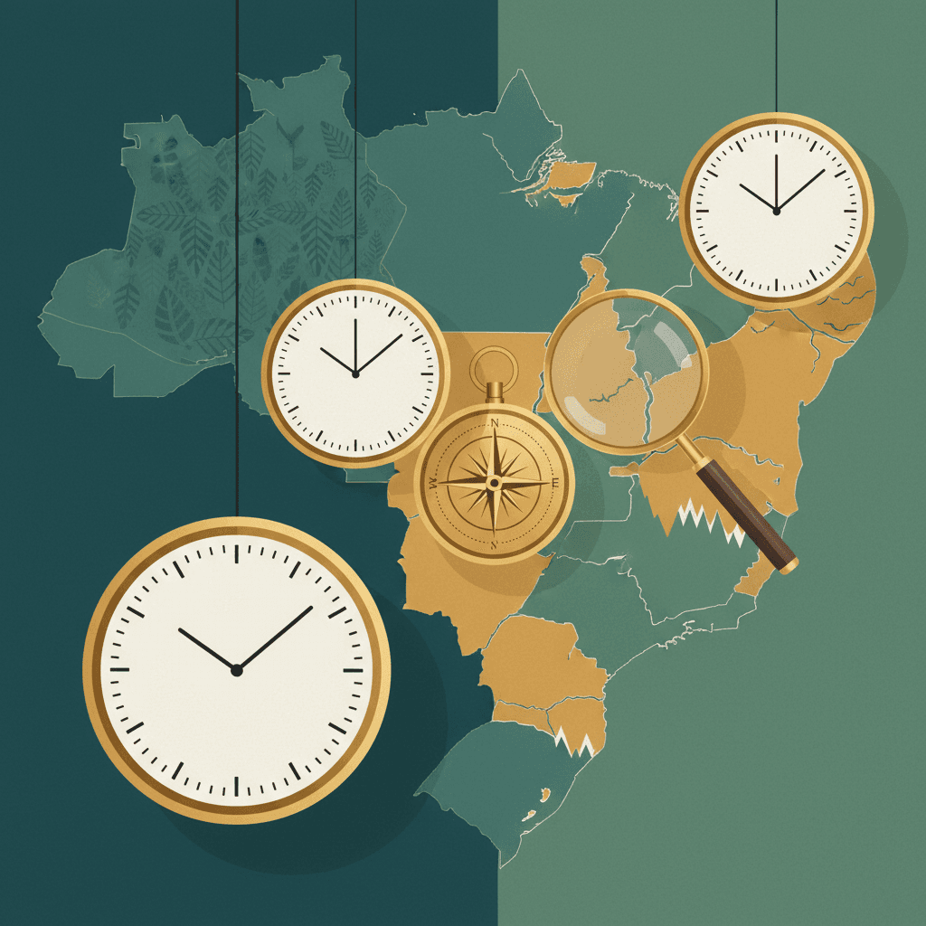 Ilustração editorial de mapa do Brasil dividido por faixas de fusos horários, com relógios analógicos sem numerais, bússola e lupa.