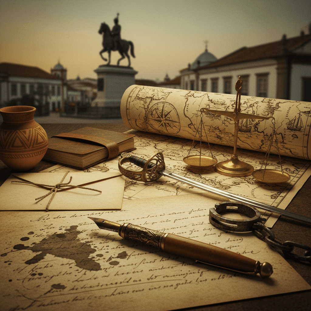 Ilustração editorial com pena e manuscrito em primeiro plano, mapa antigo, artefatos simbólicos e silhueta de monumento da Independência ao fundo.