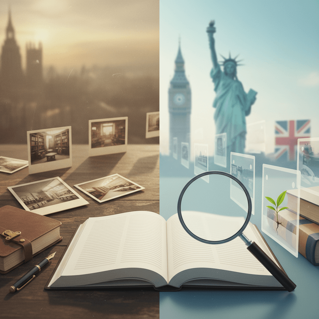 Ilustração editorial dividida: lado passado com fotos polaroid sépia, lado presente com livro de inglês aberto, lupa e broto, silhuetas desfocadas de Big Ben e Estátua da Liberdade ao fundo.