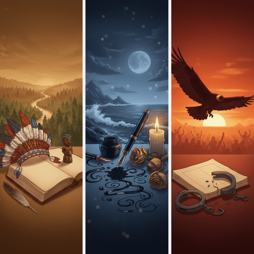 Ilustração editorial tripartida mostrando símbolos das três gerações do Romantismo brasileiro: motivos indígenas e pena, cena melancólica com pena e rosas secas, e condor sobre correntes quebradas.