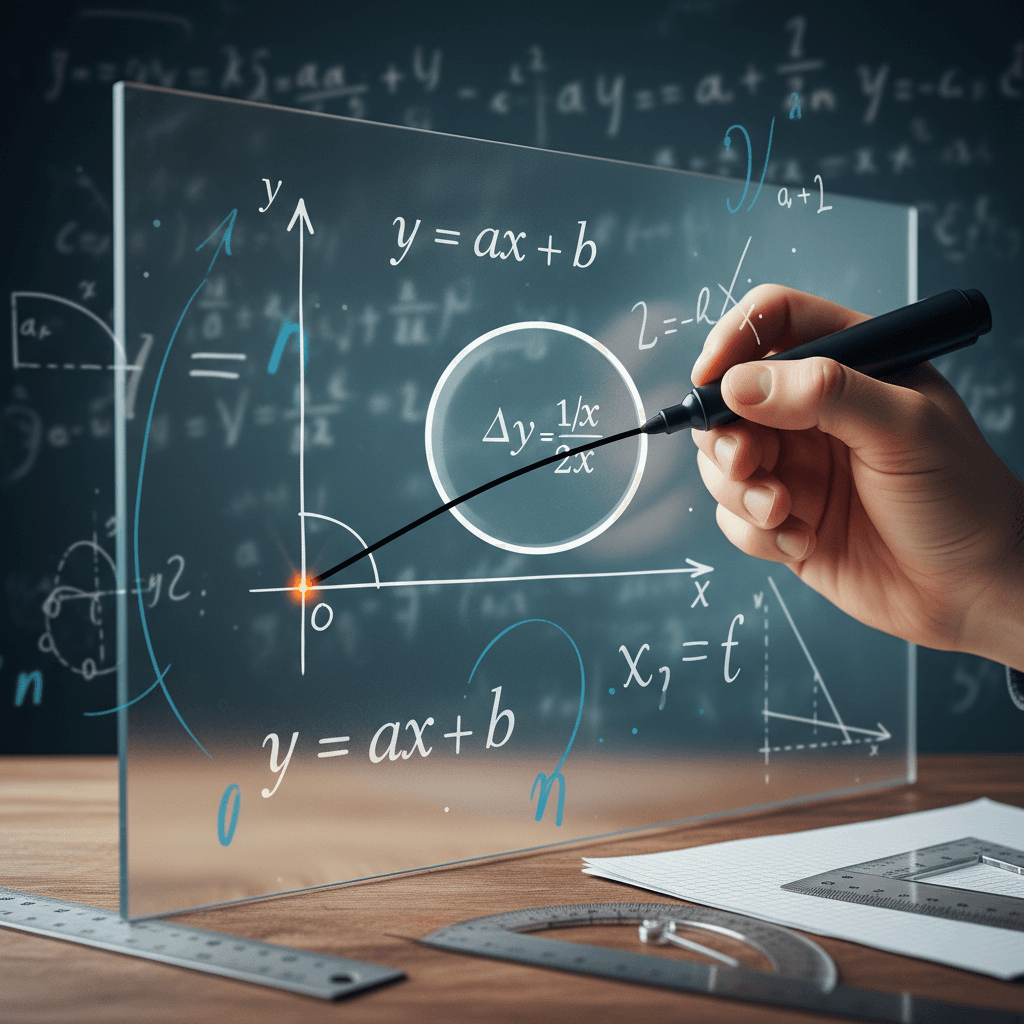 Ilustração editorial de mão desenhando a reta y = ax + b num vidro com grade, destaque na raiz e no coeficiente angular.