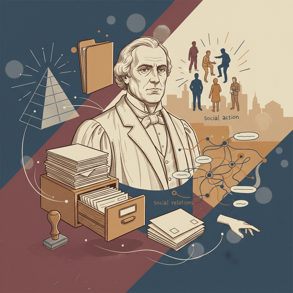 Ilustração editorial: busto estilizado de sociólogo rodeado por ícones de ação social, hierarquia e burocracia.