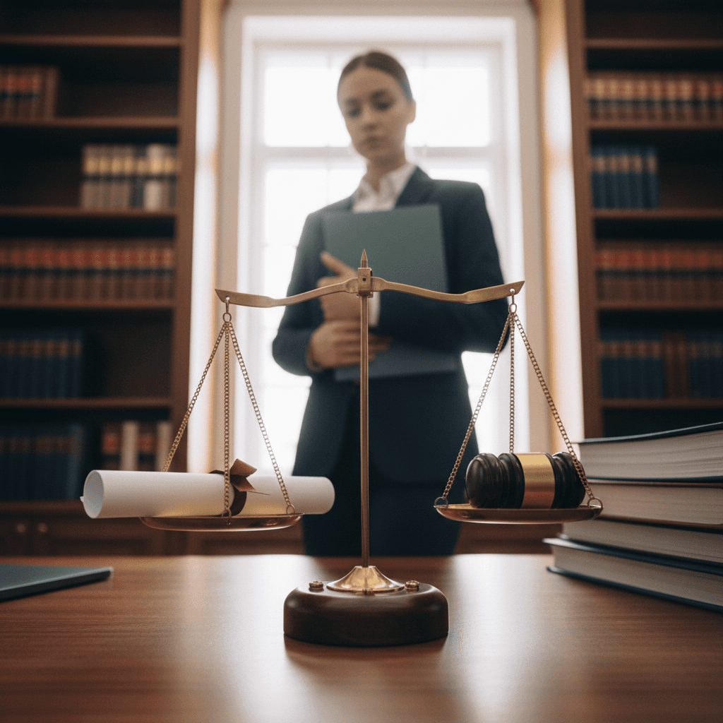 Advogado em escritório observa balança com diploma e processos, simbolizando a decisão sobre fazer pós em Direito.