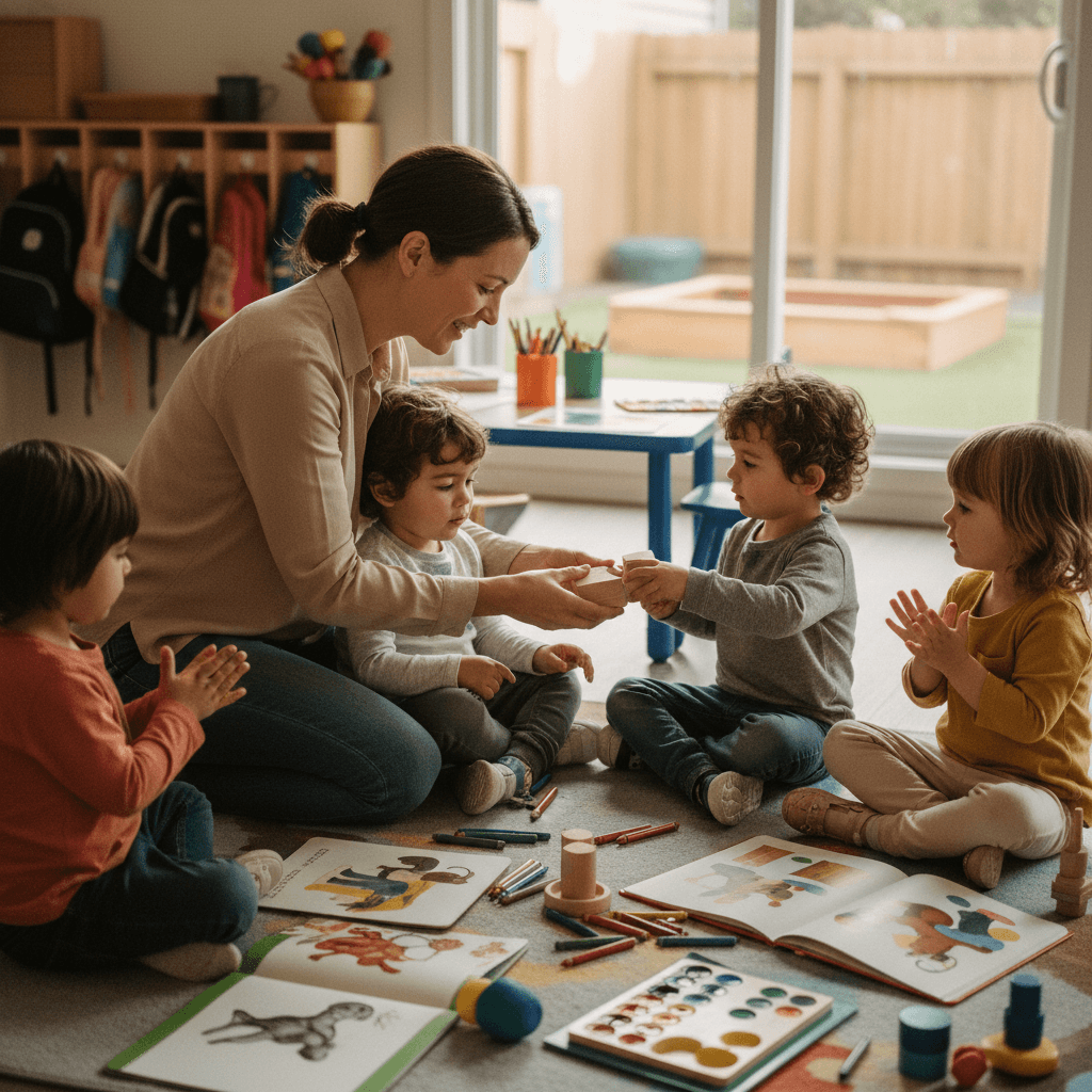 Educadora infantil ajoelhada interagindo com crianças em roda, com livros, brinquedos e área externa ao fundo.