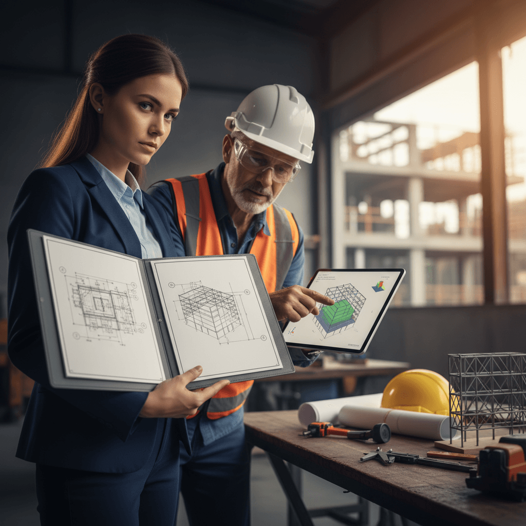 Jovem engenheiro apresenta portfólio técnico e modelo CAD a engenheiro sênior em ambiente de obra.