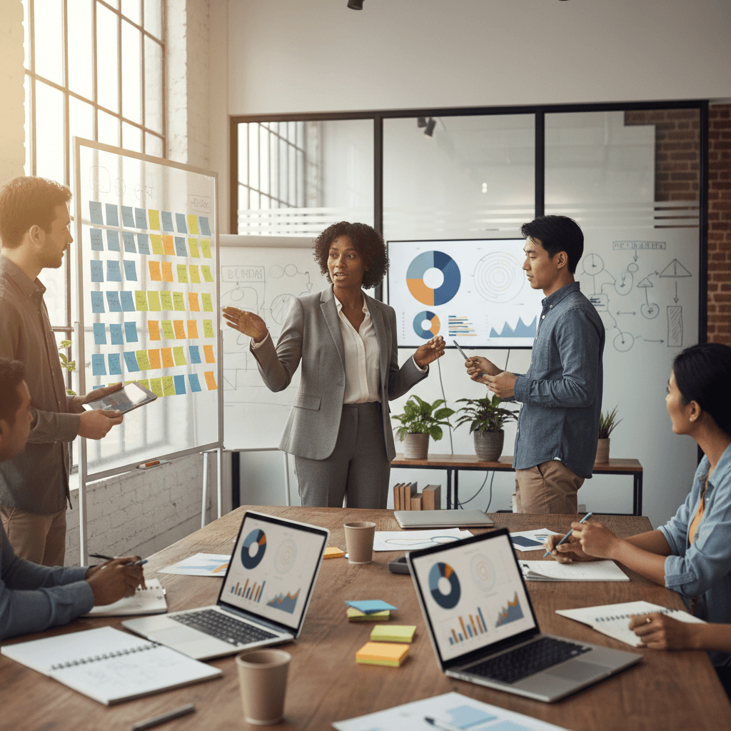 Gestor orientando equipe em ambiente real, apontando para quadro Kanban com post-its enquanto colegas consultam dashboards e tablets.