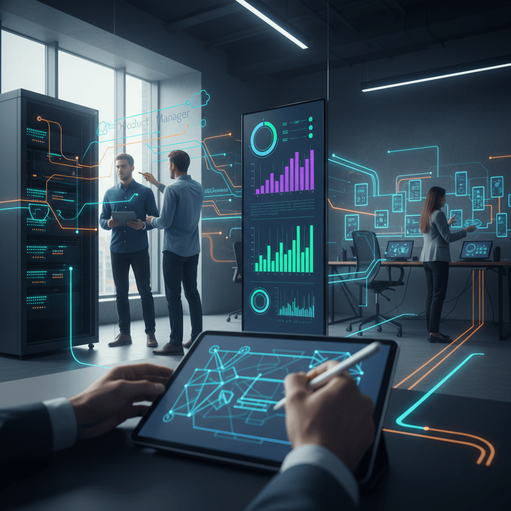 Espaço de trabalho tecnológico com profissionais diversos (UX, produto, dados, SRE, QA, recrutamento) em estações conectadas por linhas coloridas que simbolizam rotas de carreira.