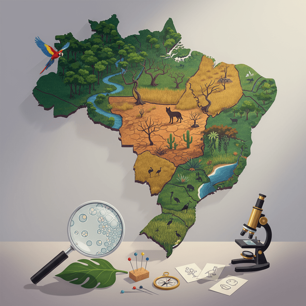 Ilustração editorial mostrando diorama dos biomas brasileiros com lupa, lâmina de microscópio e detalhes de folhas, fauna e paisagens.