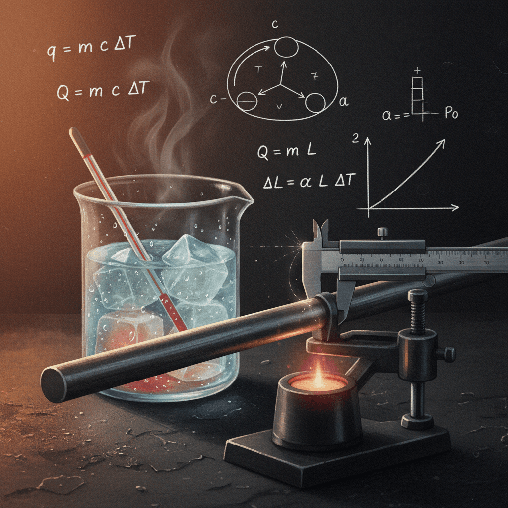 Ilustração editorial de termologia: barra metálica se dilatando, calorímetro com gelo derretendo e fórmulas de calor e dilatação em segundo plano.