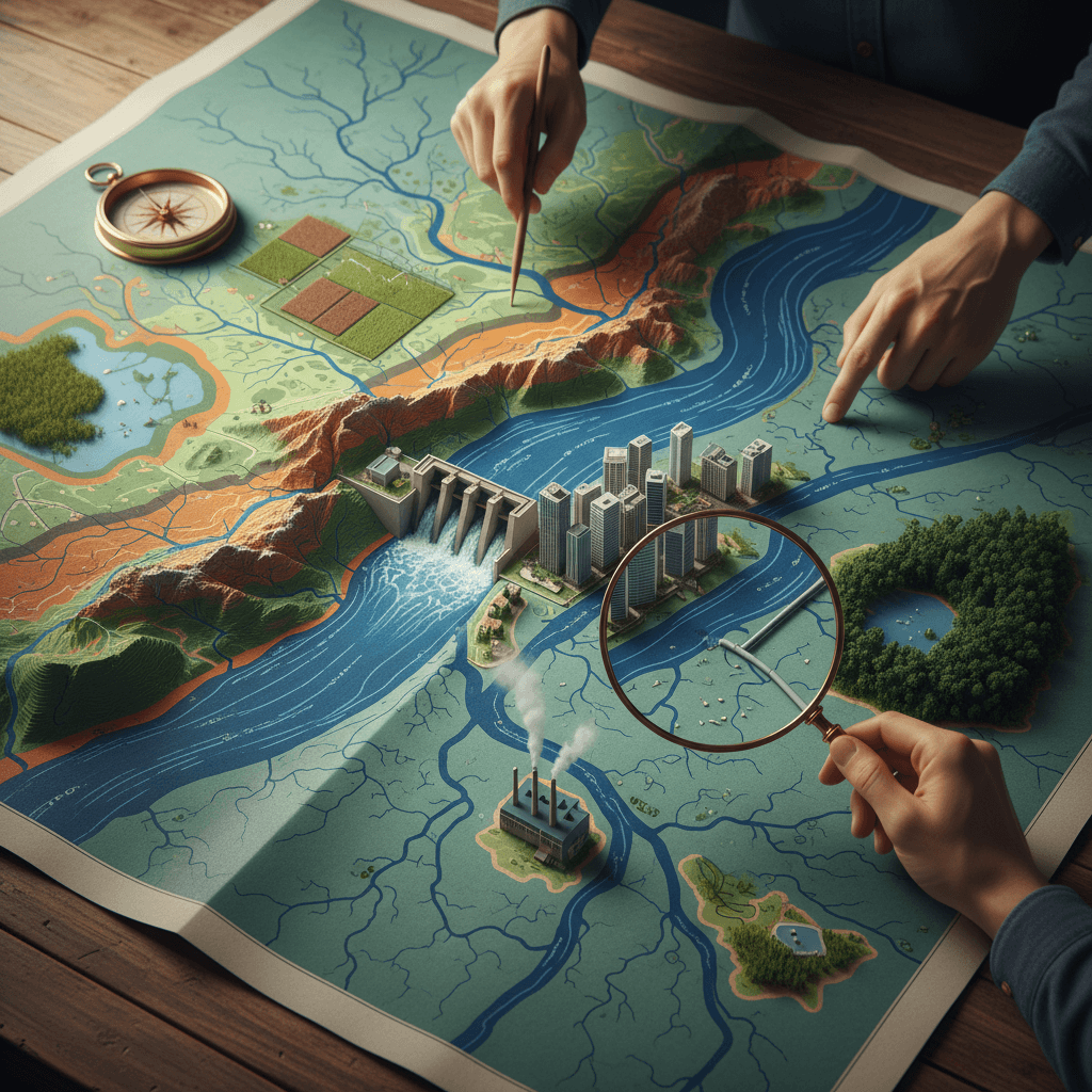 Mapa ilustrado do Brasil com redes de rios, miniaturas de usina, agricultura, cidade e floresta, e uma lupa destacando uma bacia hidrográfica.