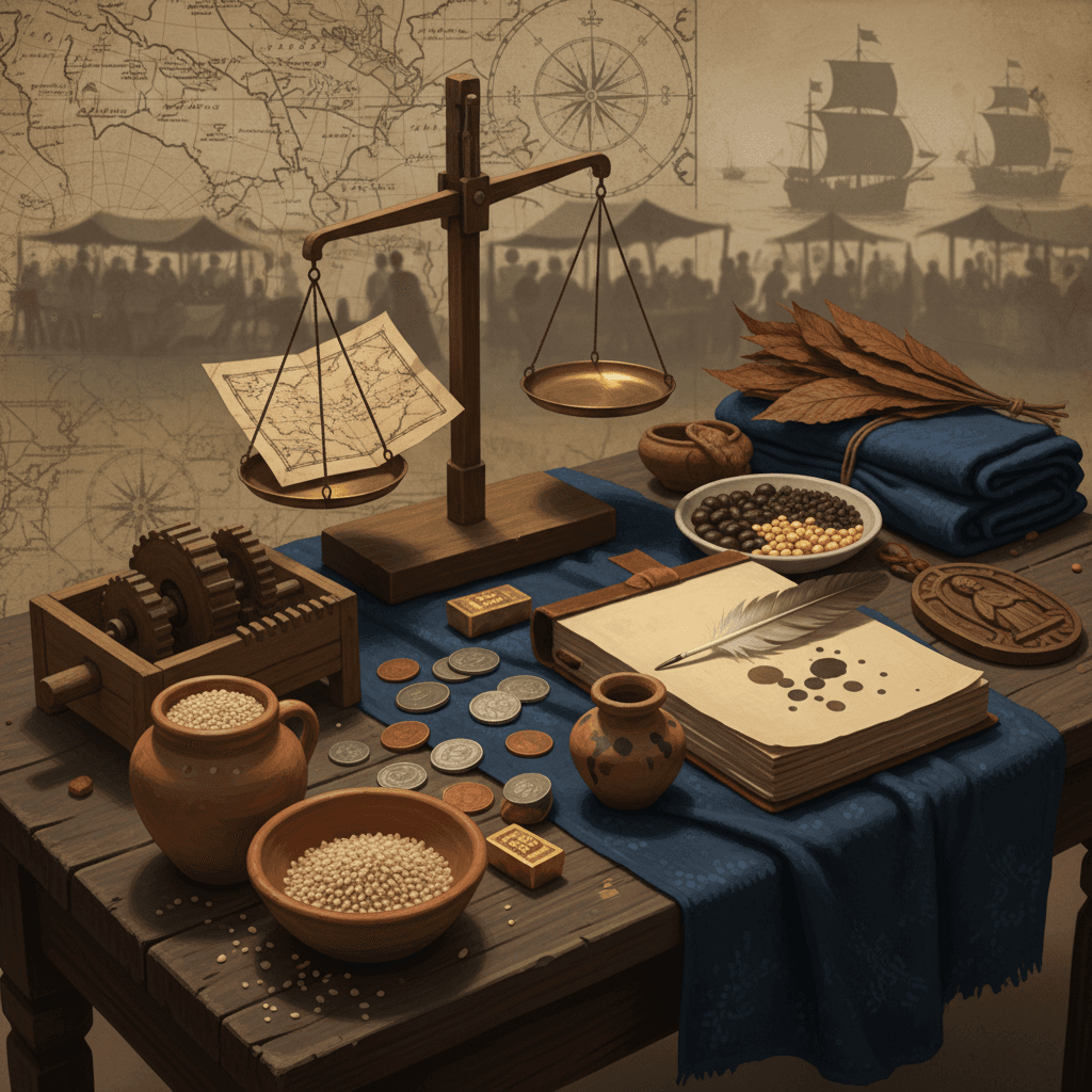 Ilustração editorial de artefatos coloniais sobre mesa (vasos, moedas, mapa, pena, balança) destacando a cultura material do Brasil colonial.