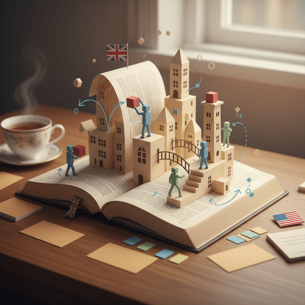 Ilustração editorial de um livro de inglês que se transforma em mini cidade, com elementos de movimento representando phrasal verbs e marcadores com bandeiras do Reino Unido/EUA.
