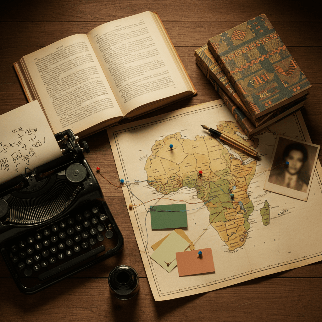 Composição editorial com livro aberto, máquina de escrever, mapa da África com alfinetes, fichas de estudo e livros com padrões africanos, representando literatura africana de língua portuguesa.