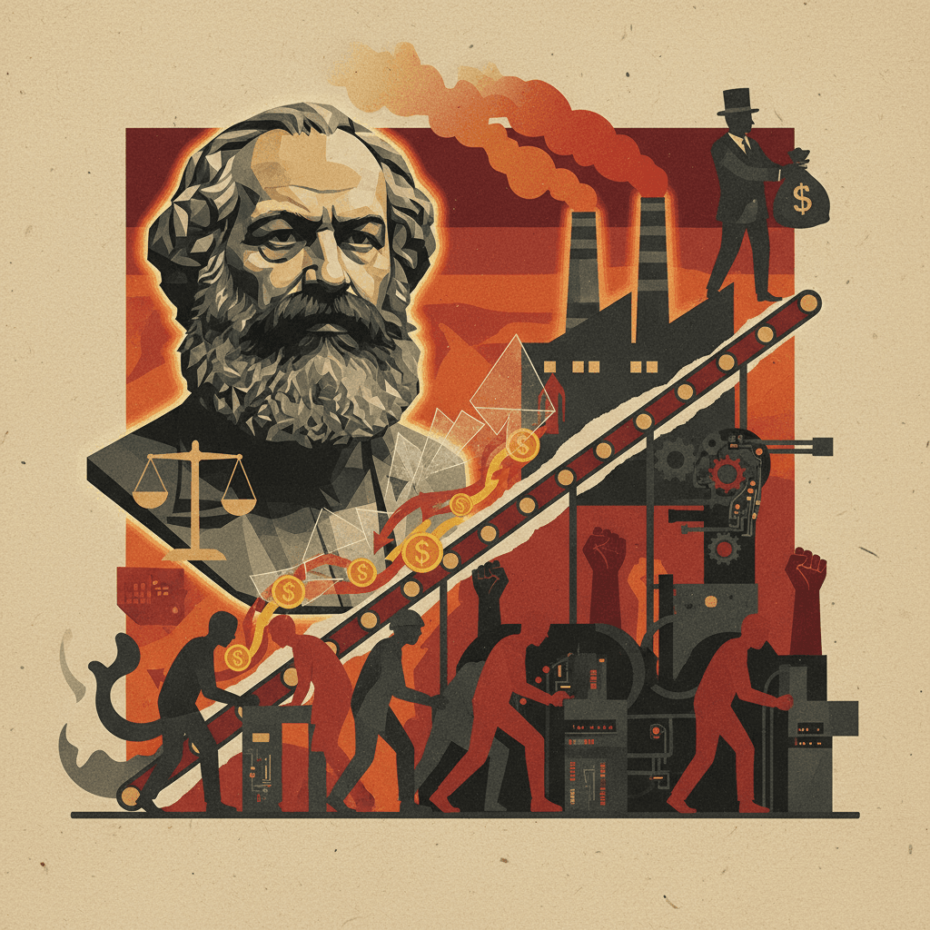 Ilustração editorial com busto estilizado de Marx, fábrica e trabalhadores-silhuetas, moedas e setas indicando extração de mais-valia, sombras fragmentadas simbolizando alienação e punho erguido representando luta de classes.