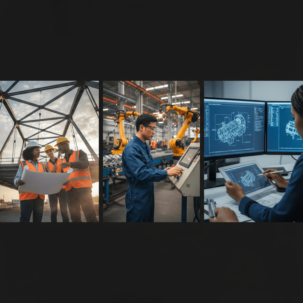 Colagem editorial mostrando engenharia no dia a dia: canteiro de obras, fábrica com braços robóticos e escritório com modelos CAD; engenheiros trabalhando.
