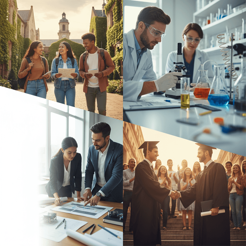 Montagem no campus mostrando quatro momentos da graduação: integração, laboratório, estágio e formatura.