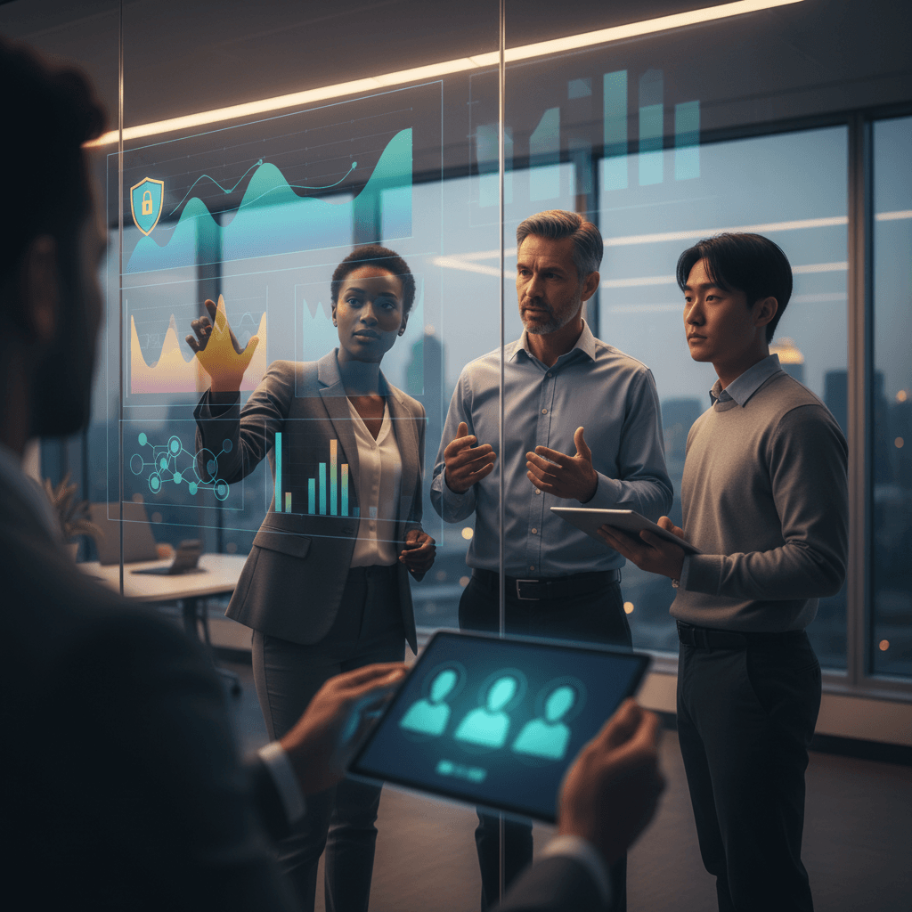 Profissionais de marketing analisando painel de dados anonimizados com ícone de privacidade (cadeado/escudo) em escritório moderno.