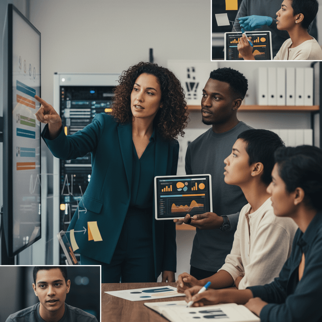 Equipe diversa em pé colaborando diante de tela e quadro com diagramas abstratos, destacando habilidades humanas e comunicação na carreira em tecnologia.