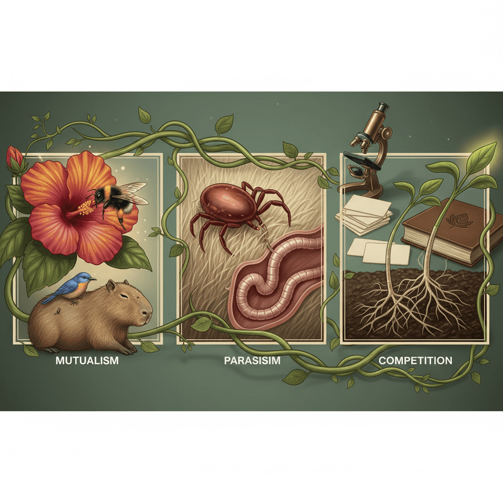 Ilustração editorial com mutualismo (abelha e flor), parasitismo (carrapato em pelo) e competição (duas mudas disputando luz), com lupa e microscópio ao fundo.