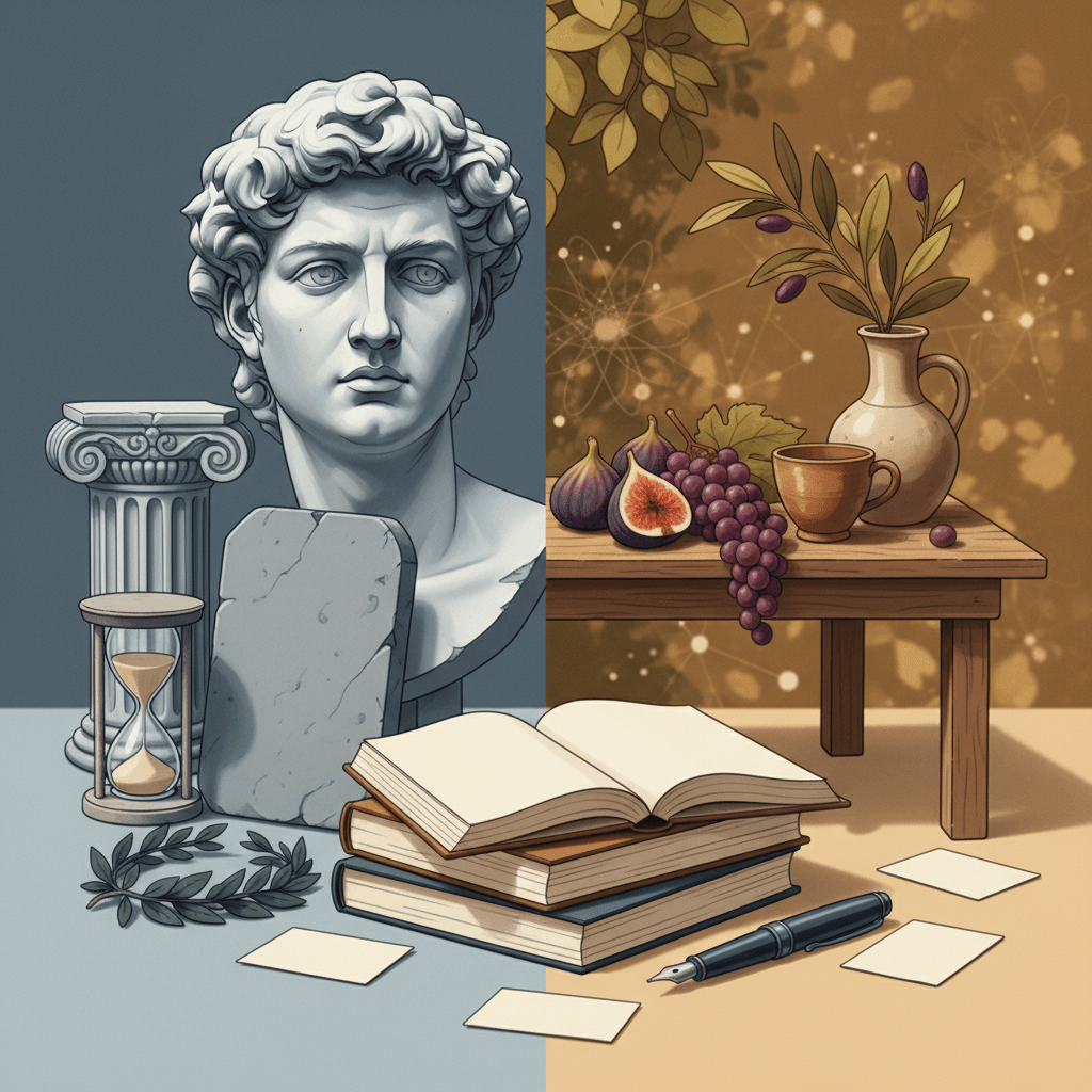 Ilustração editorial dividida entre símbolos estoicos (busto de mármore, ampulheta) e epicuristas (frutas, taça), com livros de estudo ao centro.