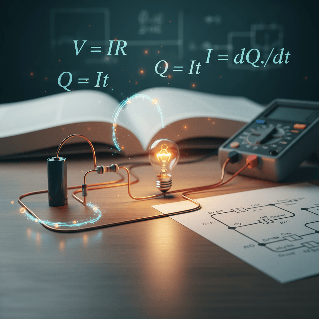 Ilustração editorial de circuitos e estudo de eletricidade: bateria, resistor, lâmpada, multímetro, elétrons e fórmulas V=IR, Q=It.